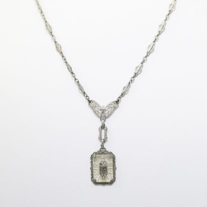 Picture of  Antique Art Deco Era Plainville Stock Co. Rhodium Plated Filigree & Camphor Glass Necklace