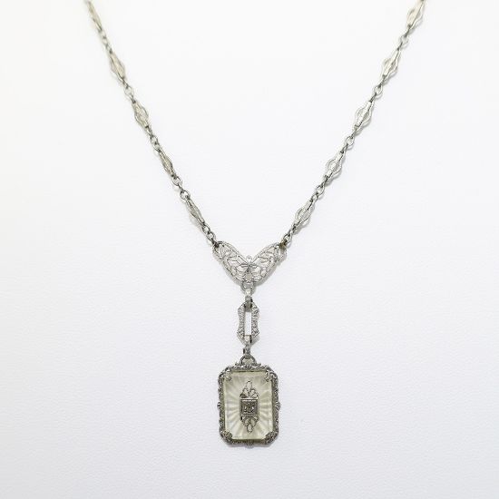 Picture of  Antique Art Deco Era Plainville Stock Co. Rhodium Plated Filigree & Camphor Glass Necklace