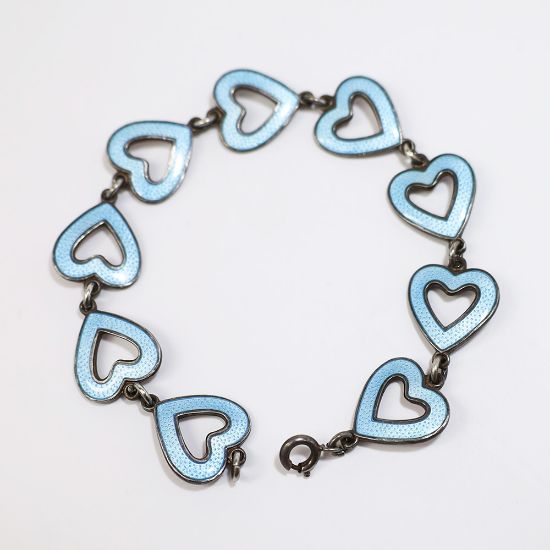 Picture of Vintage Mid Century Modern Meka Sterling Silver & Blue Guilloche Enameled Heart Bracelet