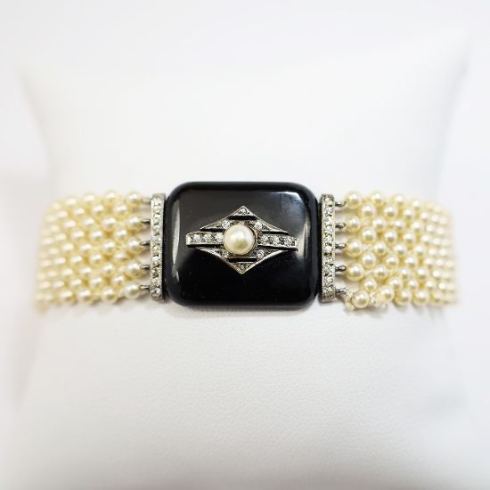 Picture of Art Deco Era French .900 Silver, Black Onyx, Paste & Woven Faux Pearl Bracelet