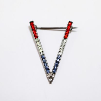 Picture of  Vintage WWII Era Sterling Silver & Red, White & Blue Rhinestone 'V' for Victory Brooch