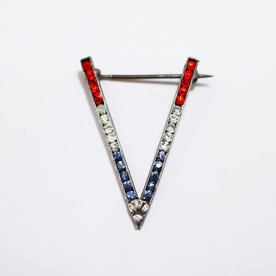 Picture of  Vintage WWII Era Sterling Silver & Red, White & Blue Rhinestone 'V' for Victory Brooch