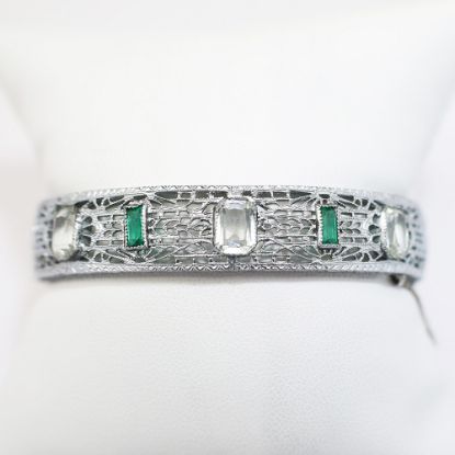 Picture of Art Deco Era Rhodium Plated Filigree Hinged Bangle Bracelet with Clear & Green Czech Glass