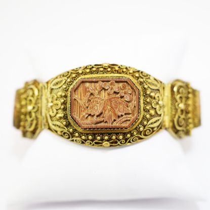 Picture of Vintage Gilt Chinese Export Silver Filigree Bracelet with Carved Wood Panels