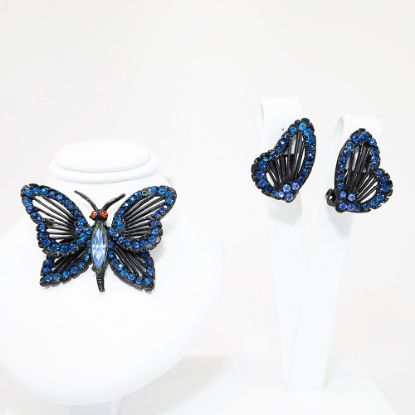Picture of Vintage Weiss Black & Blue Rhinestone Butterfly Brooch With Matching Clip-On Earrings