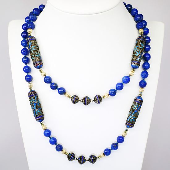 Picture of Vintage Chinese Export Gilt Sterling Silver, Cloisonné Enamel & Lapis Lazuli Beaded Necklace