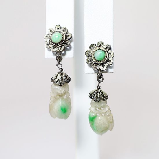 Picture of Antique Chinese Export Silver Filigree & Carved Jade Screw Back Earrings