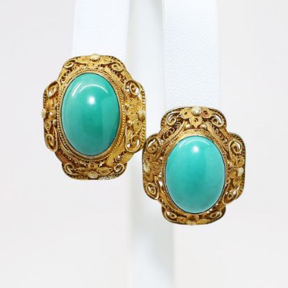 Picture of Vintage Chinese Export Gilt Silver Filigree & Turquoise Cabochon Earrings