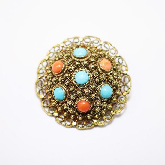 Picture of Vintage Gilt Chinese Export Silver Filigree Brooch with Turquoise & Coral Cabochons