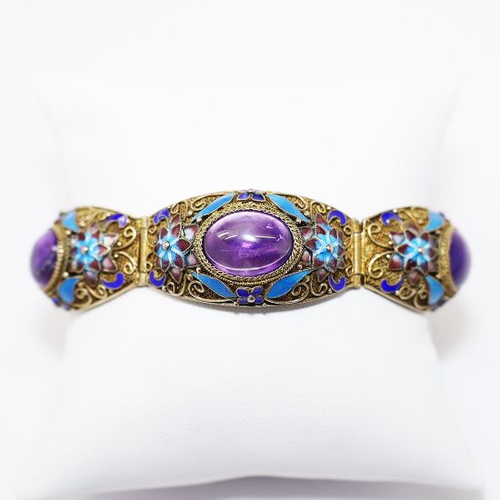 Picture of Vintage Gilt Chinese Export Silver Filigree, Cloisonné Enamel & Amethyst Cabochon Bracelet