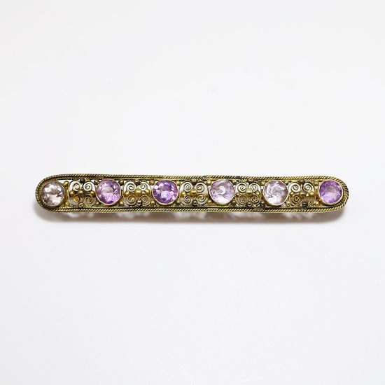 Picture of Antique Late Victorian/Early Edwardian 14k Gold Filigree & Amethyst Bar Brooch