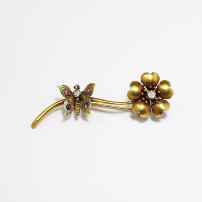 Picture of Antique 14k Gold, Diamond & Sapphire Butterfly on Flower Brooch