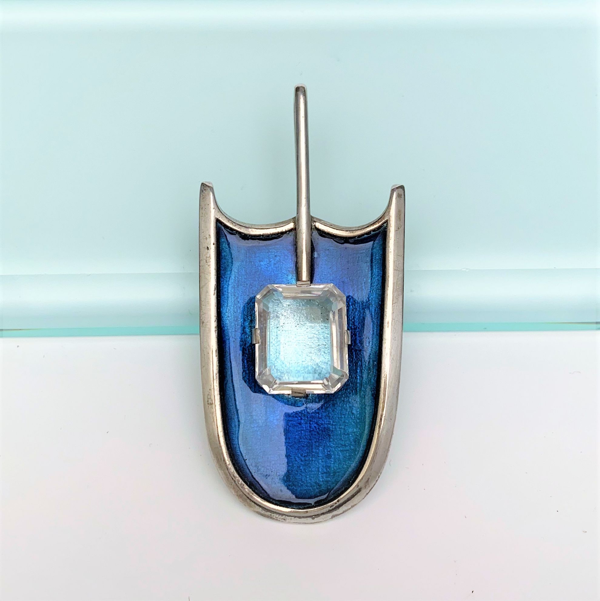 The Silver Queen. David Andersen Mid Century Modernist UNI Series Blue Enamel Faceted Quartz on Sterling Silver Pendant