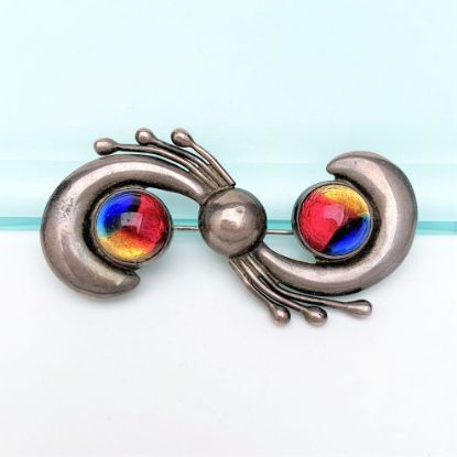 Picture of Fun Mid Century Taxco Sterling Silver Brooch with Tri-Colored Glass Cabochons