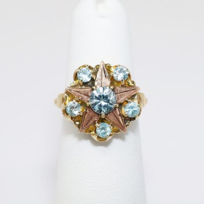 Picture of Vintage 10k Rose & Yellow Gold Order of the Eastern Star Ring with Synthetic Aquamarines