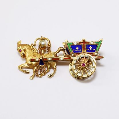 Picture of Vintage Italian .750 (18k) Gold, Enamel, Ruby & Pearl Horse & Carriage Brooch