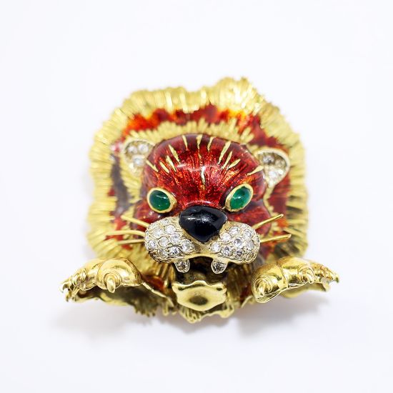 Picture of 1960's Rino Frascarolo 18k Gold, Enamel, Diamond & Emerald Leaping Lion Brooch/Pendant