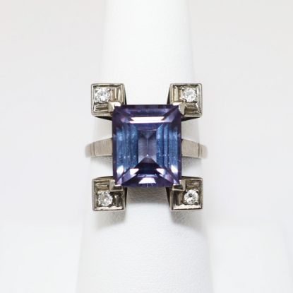 Picture of Antique Art Deco Era 10k White Gold, Synthetic Amethyst & Diamond Statement Ring