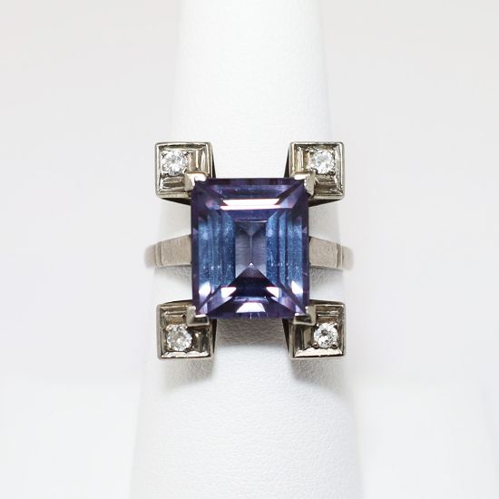 Picture of Antique Art Deco Era 10k White Gold, Synthetic Amethyst & Diamond Statement Ring