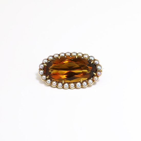 Picture of Antique Early 2oth Century 14k Gold, Citrine & Seed Pearl Brooch