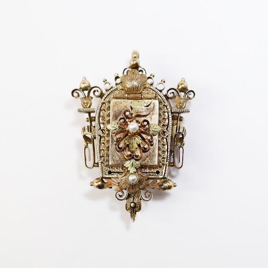 Picture of Antique Victorian 10k Gold, Pearl & Enamel Mourning/Memento Mori Hair Slide Locket