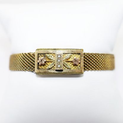 Picture of Antique Victorian Era Rose & Yellow Gold Filled Woven Bracelet with Seed Pearl Accents