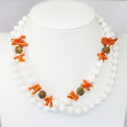 Picture of Vintage Signed Miriam Haskell Milk Glass, Branch Coral & Gilt Brass Beaded Necklace.