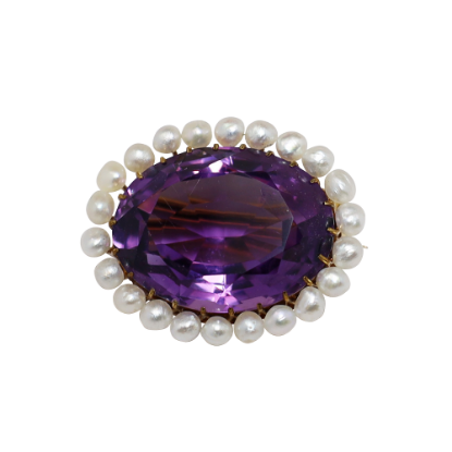 Picture of Amethyst and pearl brooch, 14k yellow gold