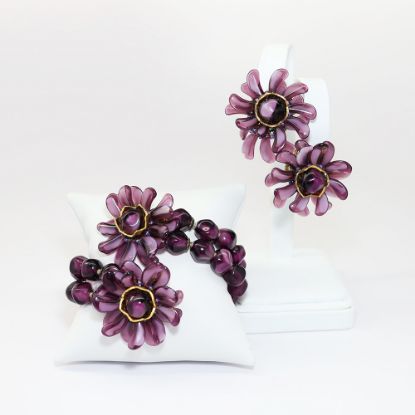 Picture of Vintage Miriam Haskell Purple Gripoix Beaded Flower Wrap Bracelet & Earring Set
