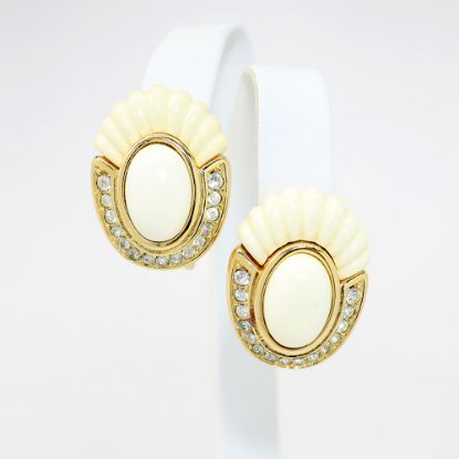 Picture of Vintage Christian Dior Sculpted Ivory Plastic & Clear Rhinestone Clip-On Earrings