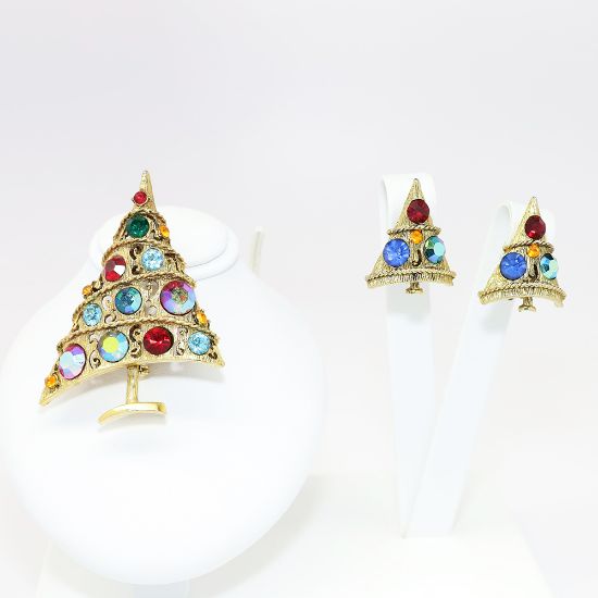 Picture of Vintage 1960's Weiss Rhinestone Christmas Tree Brooch & Clip-On Earring Set