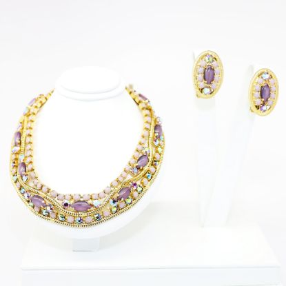 Picture of Vintage 1950's Alice Caviness Lavender Rhinestone & Glass Necklace & Clip-On Earring Set