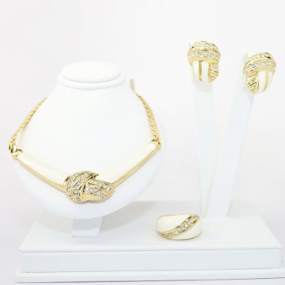Picture of Vintage Signed Christian Dior White Enamel & Rhinestone Necklace, Clip-On Earring & Ring Set