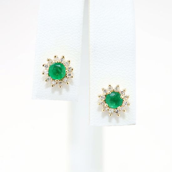 Picture of Emerald Stud Earrings with Diamond Halo, 14k Yellow Gold