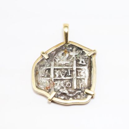 Picture of Circa 1750 Spanish 2 Reales Treasure Coin Pendant in 18k Yellow Gold Bezel