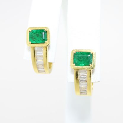 Picture of 18K Yellow Gold Emerald & Diamond Earrings with Post & Nut Closure
