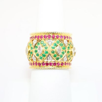 Picture of 18K Yellow Gold, Emerald, Ruby & Diamond Cigar Band Style Ring
