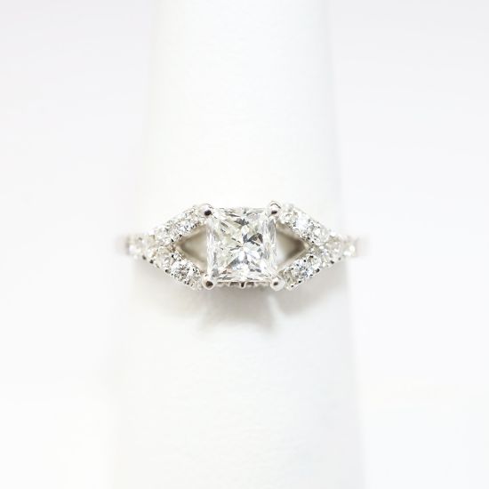 Picture of 14k White Gold & Platinum Square Brilliant Cut & Diamond Cluster Accent Engagement Ring