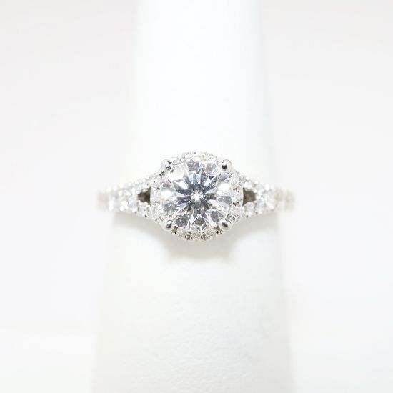 Picture of 14k White Gold, Round Brilliant Solitaire & Diamond Cluster Accent Engagement Ring