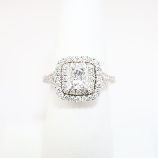 Picture of 14K White Gold, Square Brilliant Cut & Diamond Cluster Accent Engagement Ring