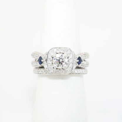 Picture of 14k White Gold, Round Brilliant Cut Diamond Halo & Sapphire Accented Two-Piece Bridal Ring Set