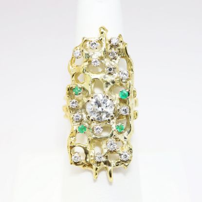 Picture of 14k Yellow Gold, Diamond & Emerald Brutalist Style Ring