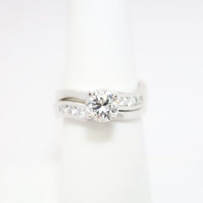 Picture of 14k White Gold, Round Brilliant Cut & Diamond Cluster Accented Two-Piece Bridal Ring Set