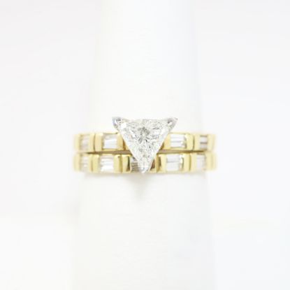 Picture of 14k Yellow Gold, Triangle Cut & Diamond Cluster Accented Two-Piece Bridal Ring Set