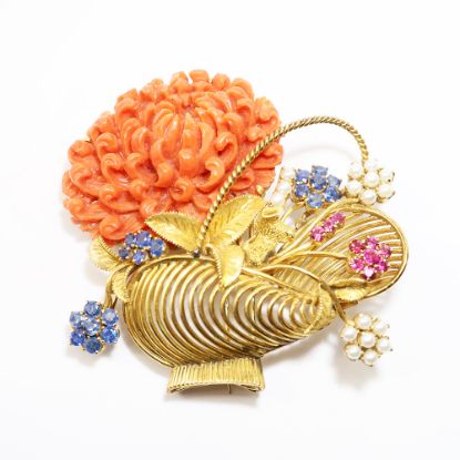 Picture of Vintage 18k Yellow Gold, Coral & Gemstone Flower Basket Brooch
