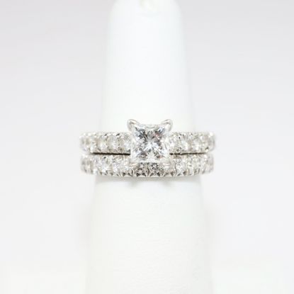 Picture of 14k White Gold, Square Modified Brilliant Cut & Diamond Cluster Accented Two-Piece Bridal Ring Set