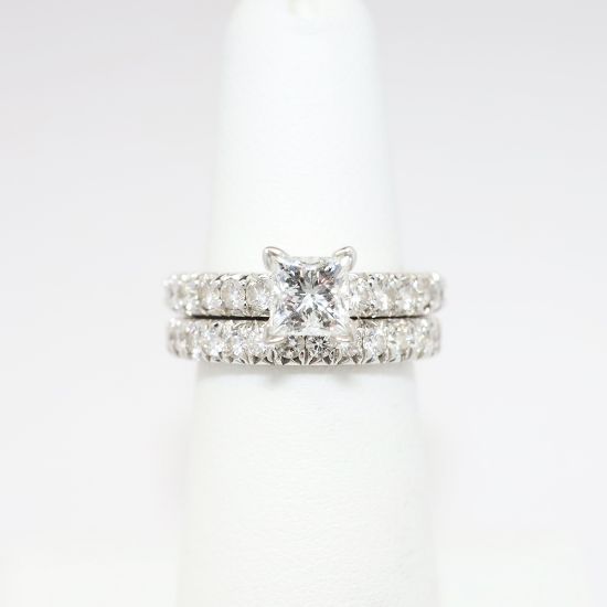 Picture of 14k White Gold, Square Modified Brilliant Cut & Diamond Cluster Accented Two-Piece Bridal Ring Set