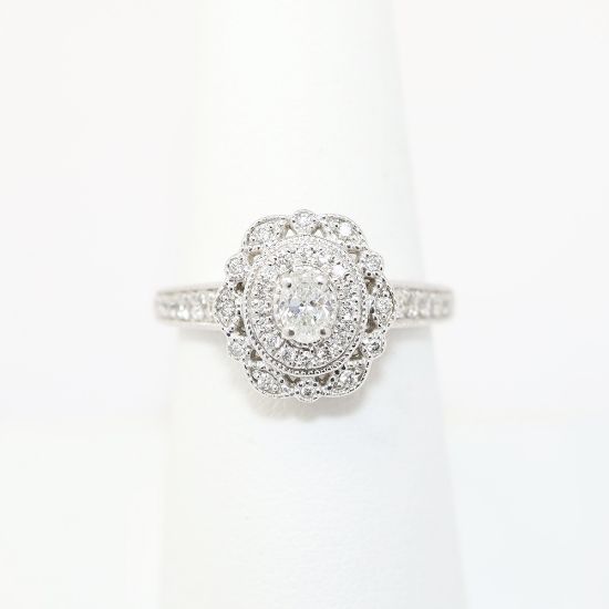 Picture of 14k White Gold, Oval Brilliant Cut & Diamond Cluster Accented Engagement Ring