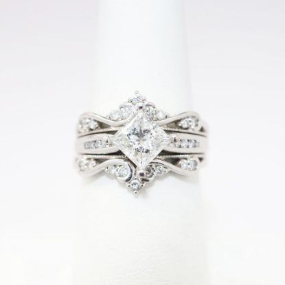 Picture of 14k White Gold, Square Modified Brilliant Cut & Diamond Cluster Accented Two-Piece Bridal Ring Set