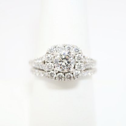 Picture of 14k White Gold, Round Brilliant Cut & Diamond Cluster Accented Two-Piece Bridal Ring Set